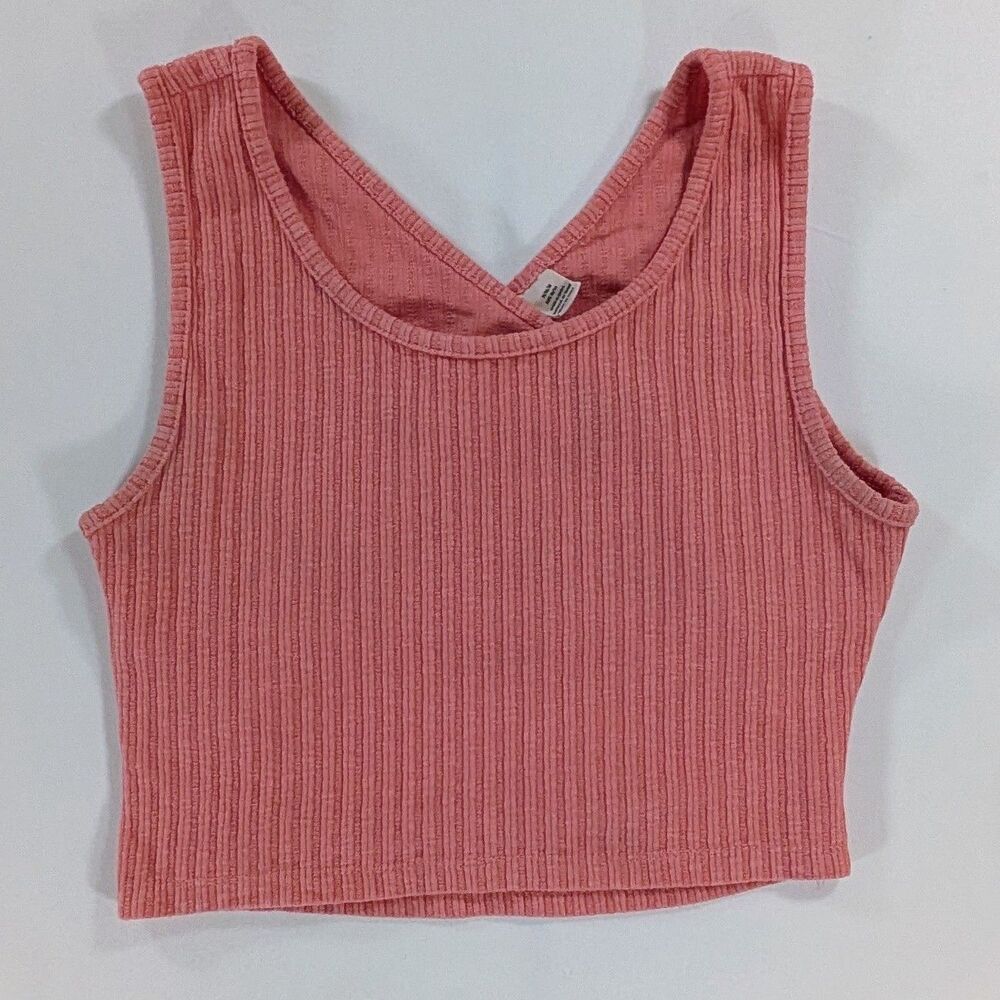 Roxy Tank Top Juniors Medium Pink Cropped Wrap Back Scoop Neck Shirt Ribbed Knit